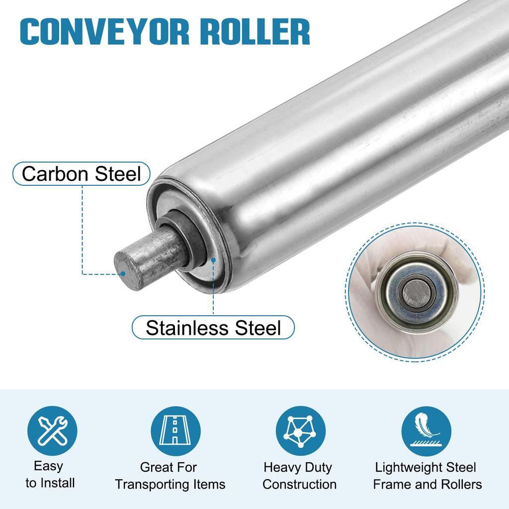 Uxcell Stainless Steel Conveyor Rollers, 1.5" Diameter, 12" Long, Gravity Transmission Replacement Parts, Zinc Plated Ends (Silver, Pack of 2)