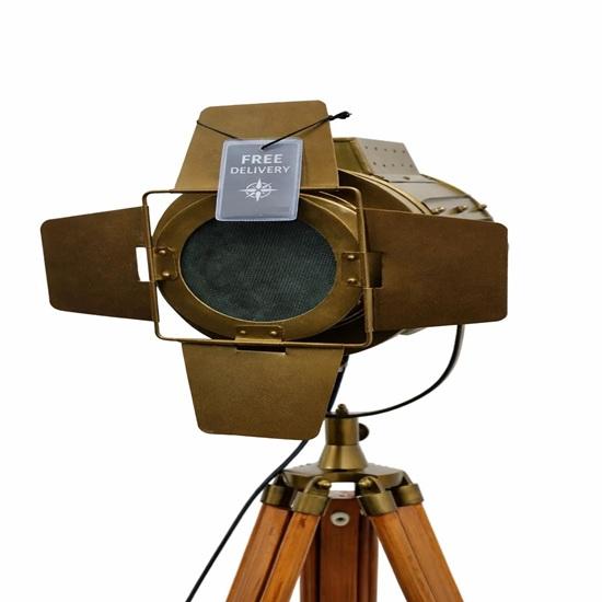 Brass Tripod Floor Lamp, Studio Spotlight Lamp, Wooden Searchlight, Industrial Nautical Decor