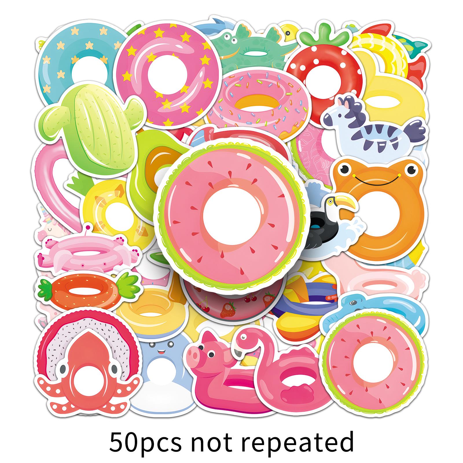 50 Cartoon Animal Swimming Ring Stickers: Cute Lifebuoy, Graffiti, Thermos Cup, Notebook Stickers