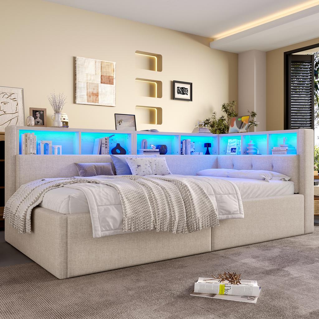 Tagesbett, Schlafsofa, 90 × 200 cm, USB + Typ-C Anschlüsse, Hydraulischer Stauraum, Staufächer, Mehrfarbige LED-Streifenbeleuchtung, Ohne Matratze, Leinen, Beige