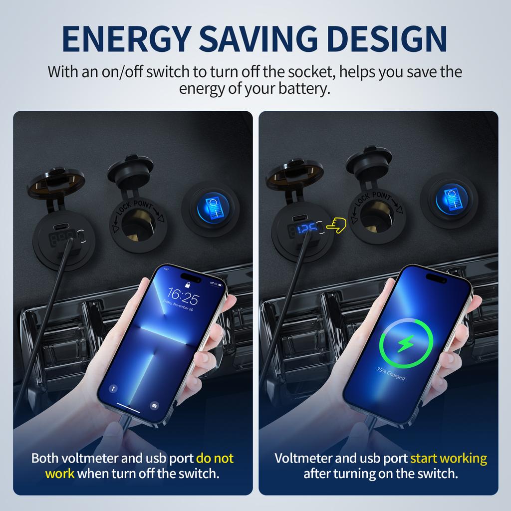 12V USB C Car Charger Socket 12V USB Outlet 48W PD Type C & QC 3.0 12 Volt Dual USB Charging Socket Port Voltmeter ON/Off Switch