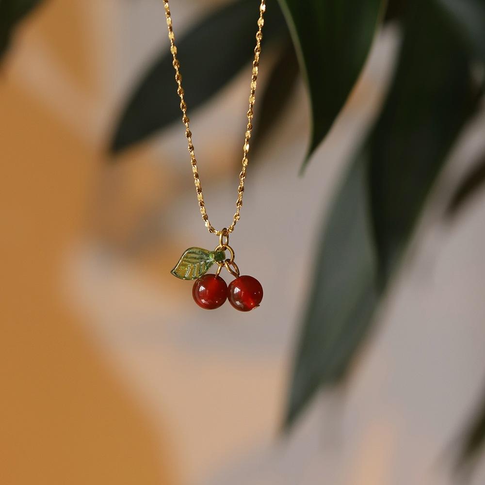 Cute Stainless Steel Cherry Necklace Earring Natural Stone Beads Pendant Chain Necklace Women's Fashion Wedding  Gift