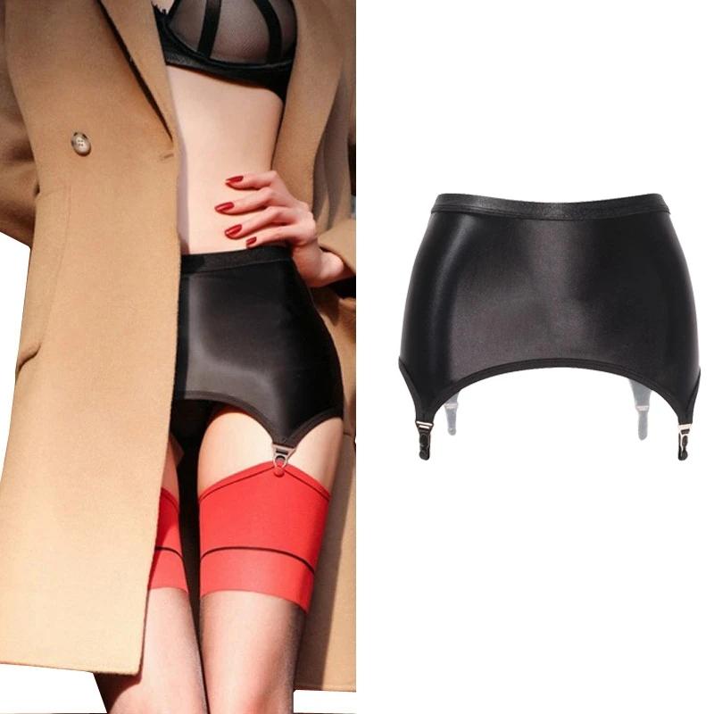 Oil Shiny Satin Garters Black Mini Bodycon Dress With 4 Straps Metal Clips For Stockings Pole Dance Goth Lingerie Skirt Belt