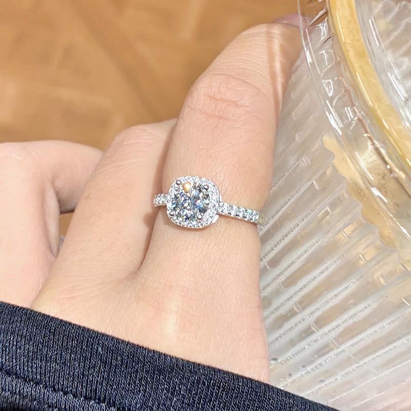 Pangdonglai Moissanite Diamond Open Square Ring for Women, S925 Sterling Silver, Adjustable and Versatile Tail Ring