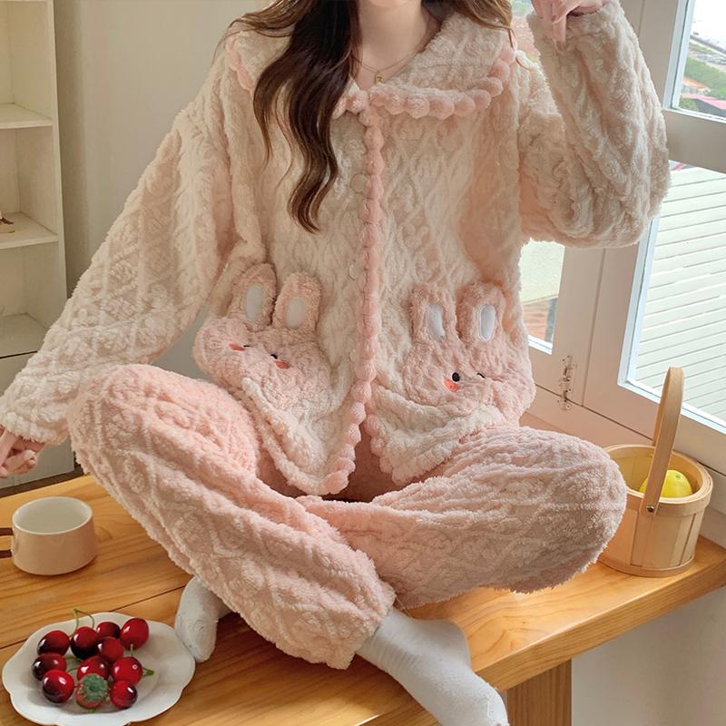 

Пижама из кораллового бархата, женский зимний кардиган, клубничный, с длинными рукавами, фланелевый, из двух частей, утолщенный, теплый пижамный костюм XXL