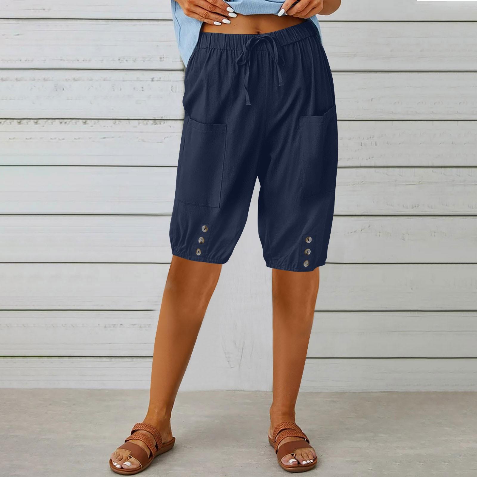 

Брюки-капри для женщин, льняные полубрюки с высокой талией, повседневные шорты до колена на шнурке с карманами XXXL тёмно-синий