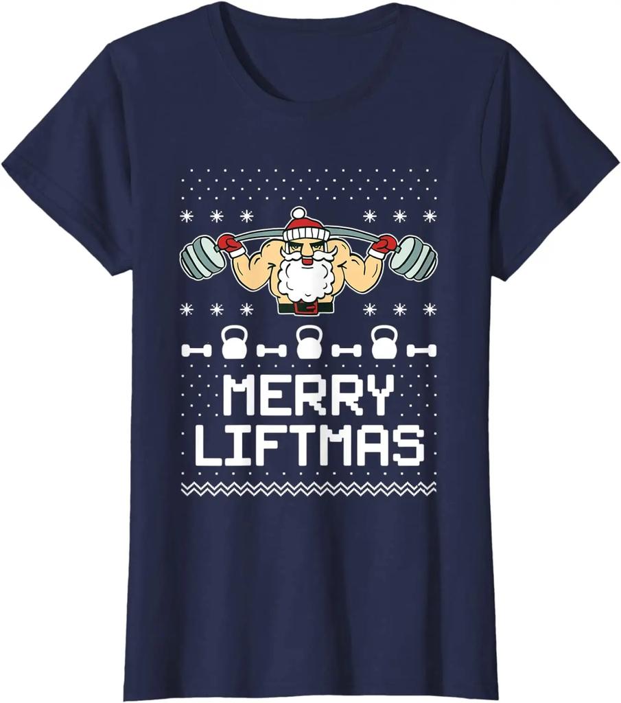 Santa Workout Gym Merry Liftmas Funny Ugly Christmas Sweater Men TShirt Short Sleeve Casual Cotton Summer T Shirt