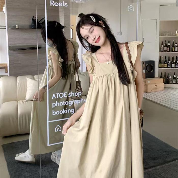 Sweet backless flying sleeves bow strap dress summer new vacation meat cover thin a word long skirt