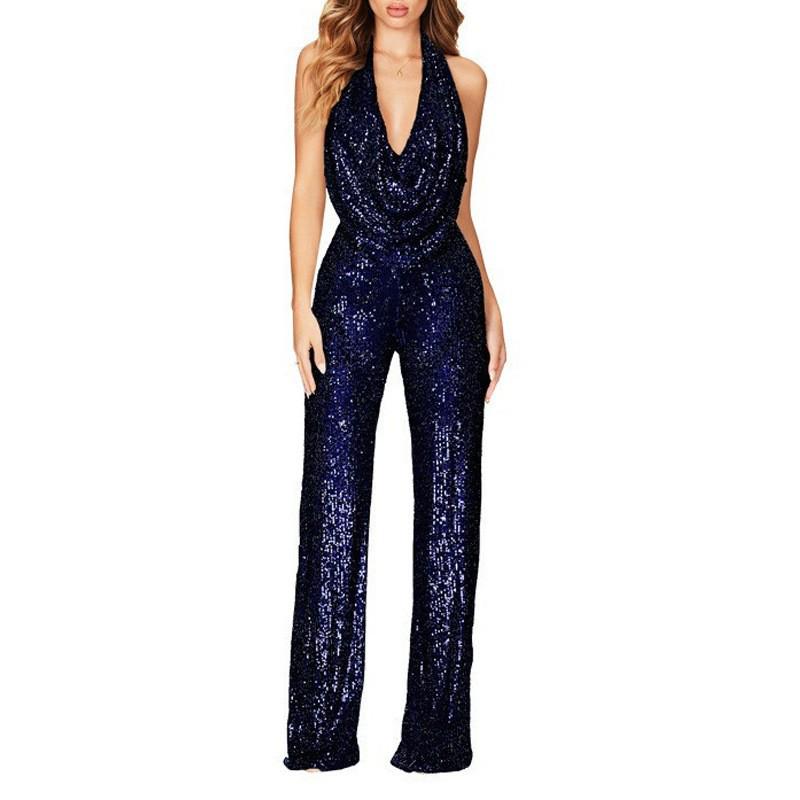 

2025 Summer Sleeveless Halter Neck Sequin Jumpsuit for Women 2XL