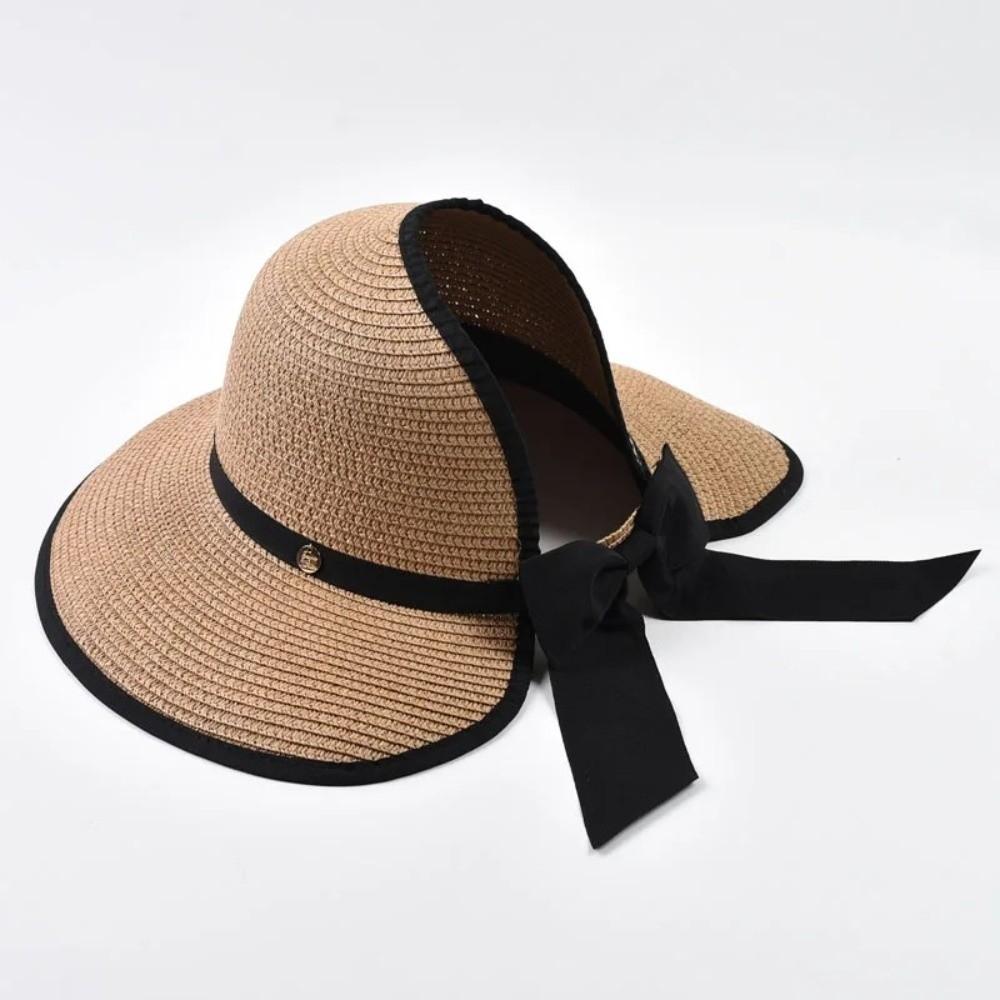 Large Brim Summer Straw Hat Bowknot Design Wide Brim Hat Elegant Empty Top Sun Hat for Women