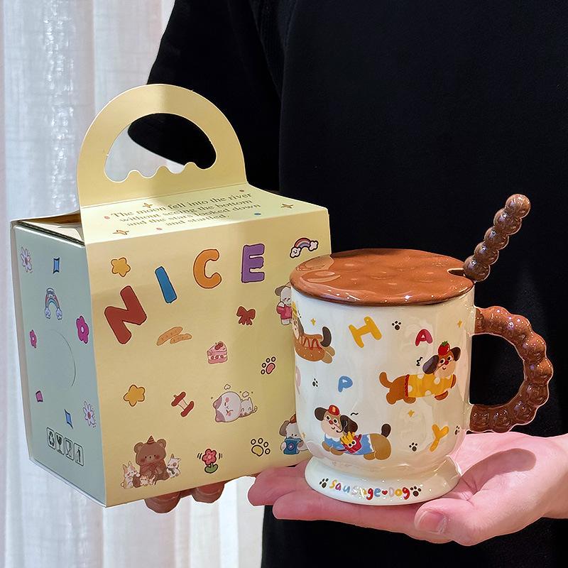 Dachshund Dog Ceramic Mug with Lid Spoon High Looking Office Household Drinking Water Couple Water Cup Girl Birthday Gift