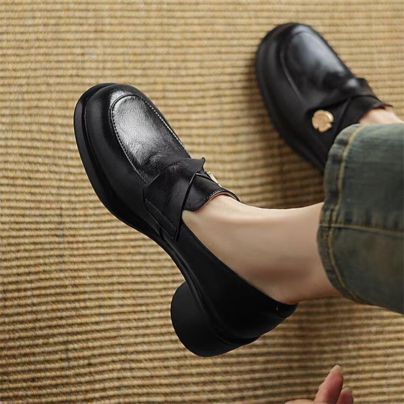 2025 spring and autumn British style soft leather high heel platform loafers women's single shoes thick heel retro brown small leather shoes