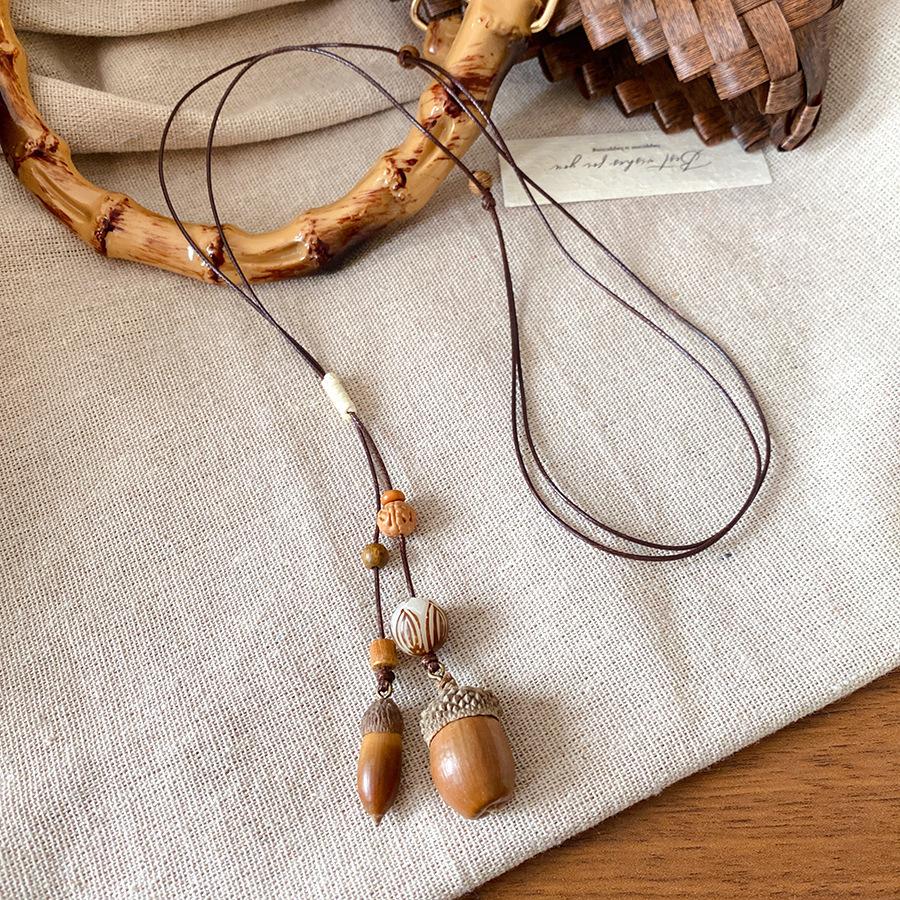 Wooden Bead Acorn Pendant, Wax Rope Necklace, Retro Ethnic Style Pull-out Sweater Chain, New Chinese Versatile Niche Item Decoration