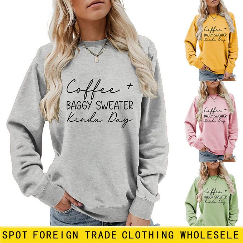 Womens Oversized Round Neck Long Sleeve Cotton Blend Casual Sweatshirt With Print - Loose Fit Comfort Top