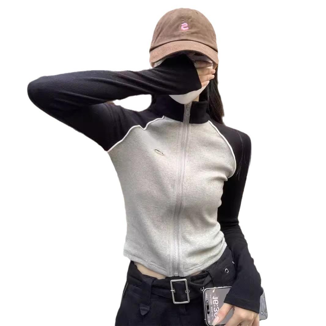 

Контрастная цветовая вставка Осенне-зимняя футболка с воротником-стойкой Облегающая с длинными рукавами Женский топ с коротким низом на молнии Тонкий 2XL серый