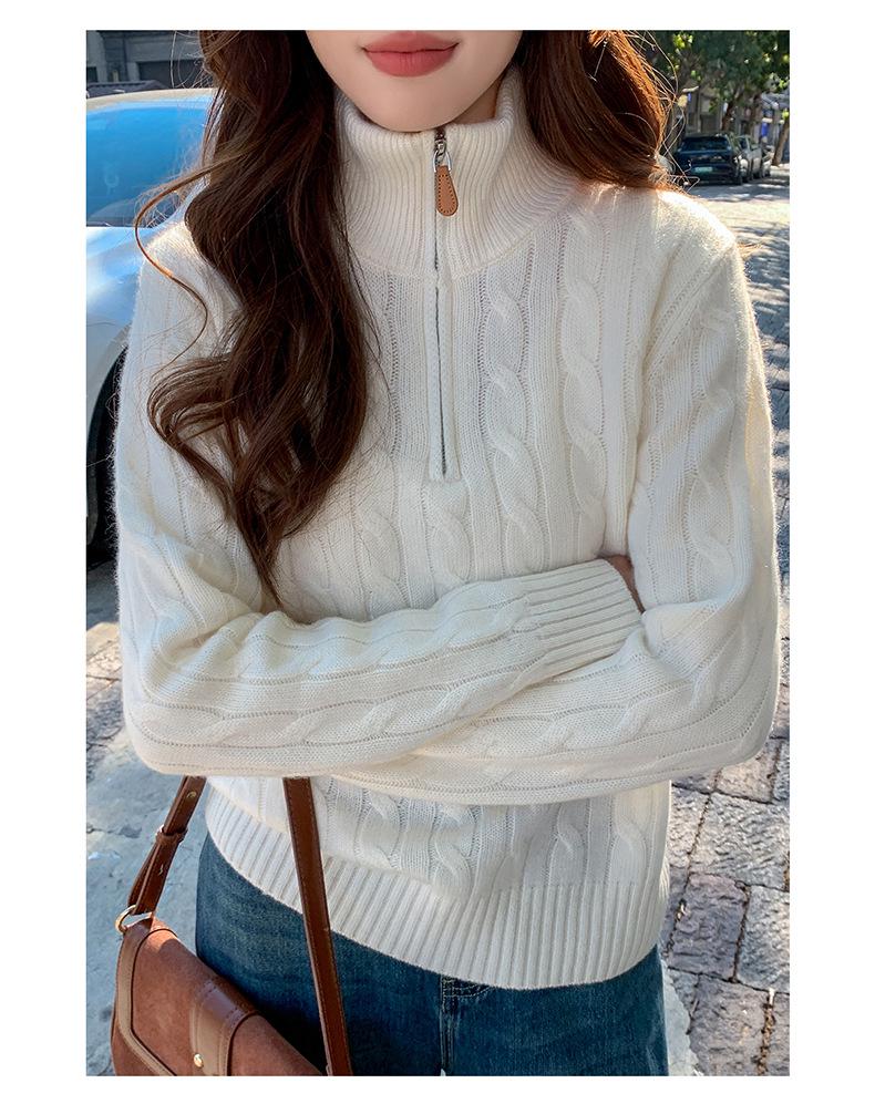 Celebrity Style Cable Knit Half-Zip Sweater: Autumn/Winter Long Sleeve Lapel Top