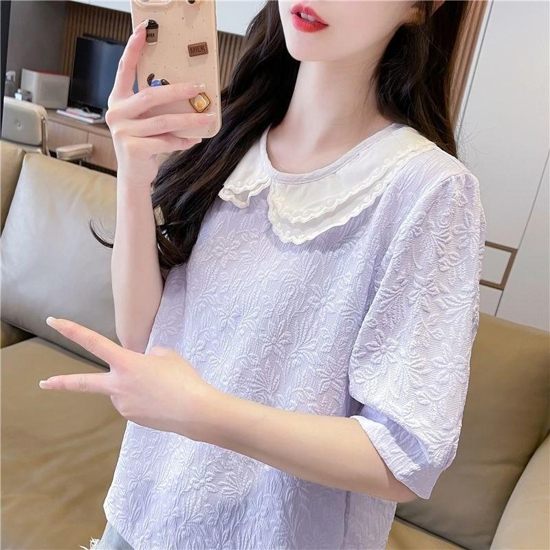 Women's Solid Color Shirt Ladies' Peter Pan Collar Short Sleeved Blouses Summer New Korean Version Versatile Loose Top