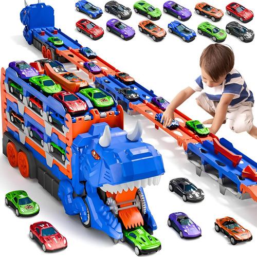 Dinosaur Transport Racing game Toy Set With 12 Molded Racing Cars, Transforming Dinosaur Car With Handle, Gift For Kids Aged 3-5