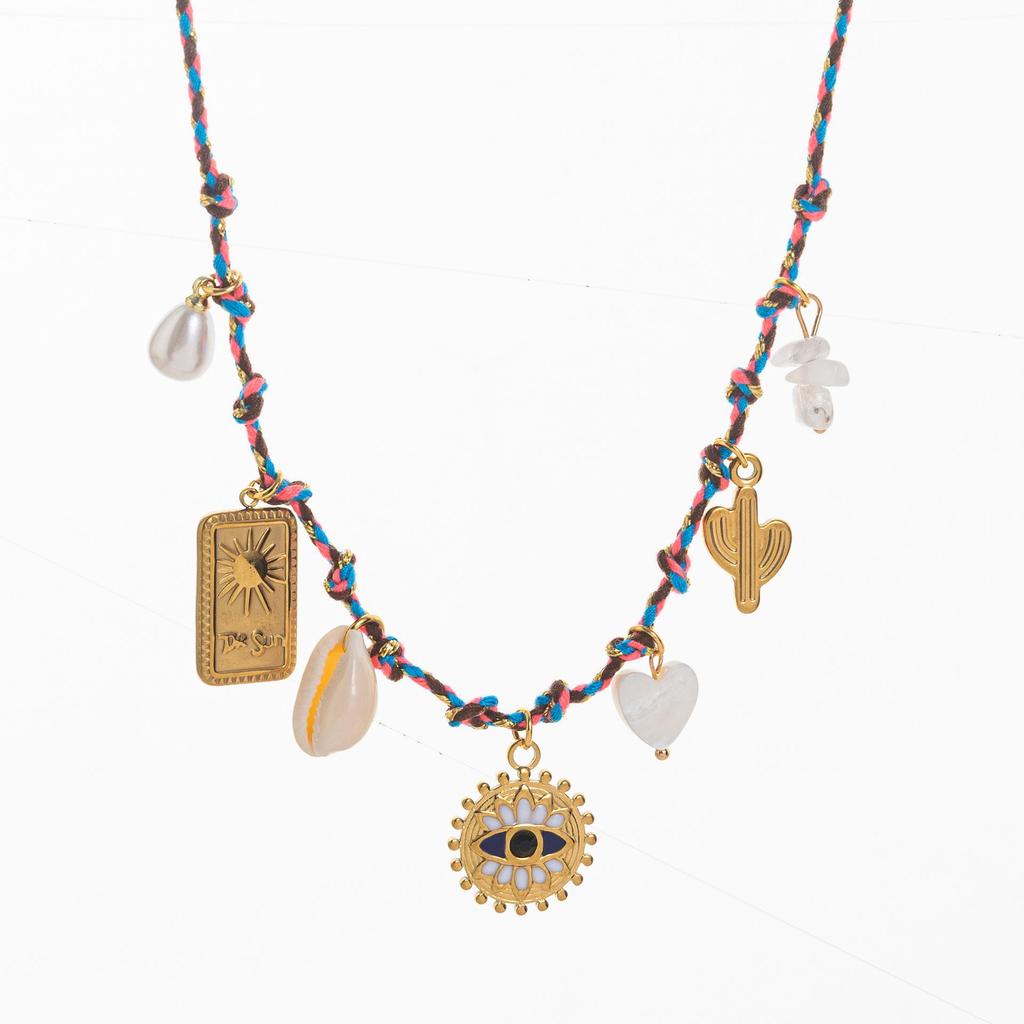 Collar de Perlas de Dopamina en Forma de Corazón con Colgante de Estrella de Mar Multicolor en Acero Inoxidable.