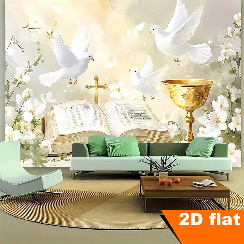 Christian Faith Backdrop, Bible, Chalice and Doves with White Flowers for Religious Ceremony Decor