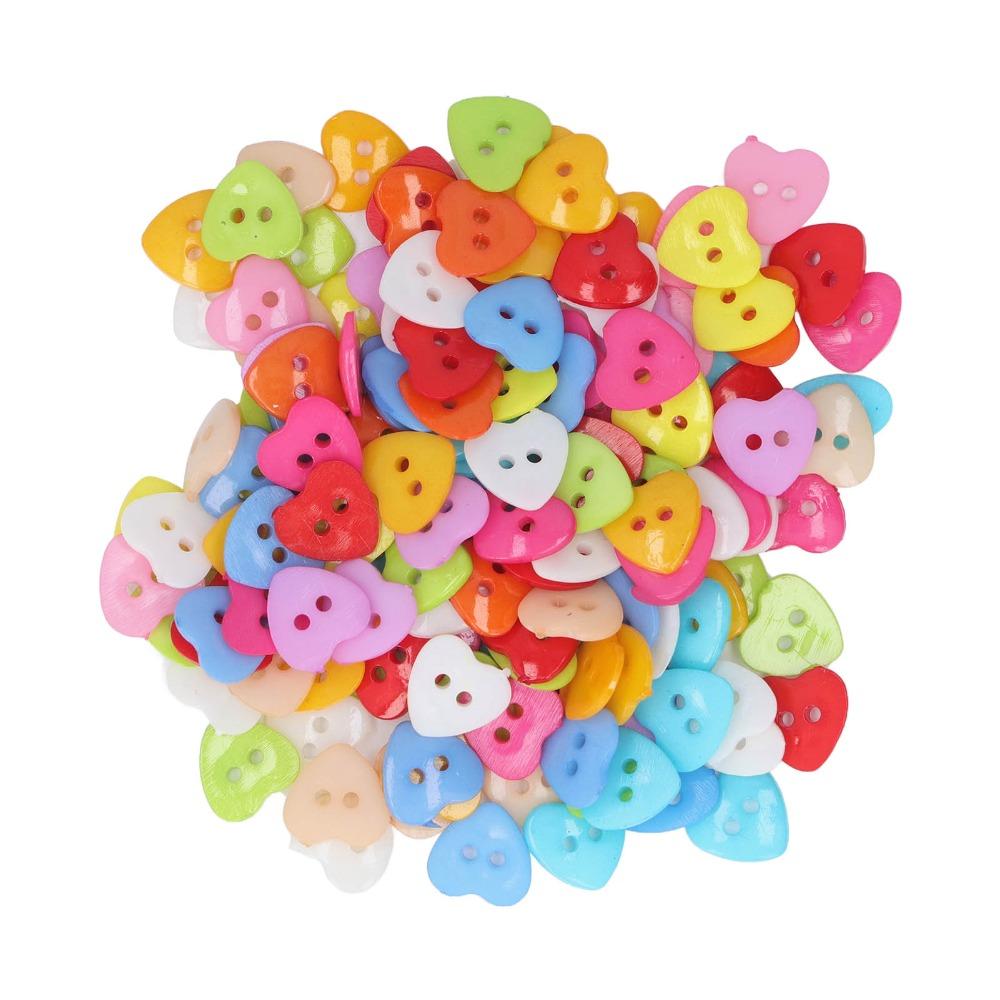 200pcs Plastic Material Heart Shaped Buttons Multicolor Resin Heart Buttons  For Sewing