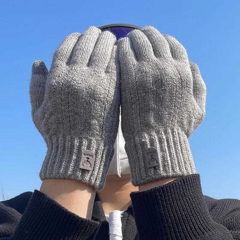 WTEMPO 1 Pair Cold-proof Windproof Solid Color Warm Knitted Full Finger Gloves Autumn Winter Outdoor Cycling Touch Screen Woolen Gloves