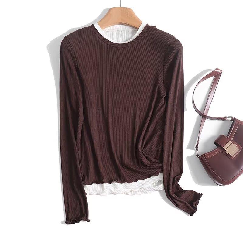 

BM&MD&ZA Women s Spring Ruffle Long Sleeve Two-in-One T-Shirt Medium коричневый