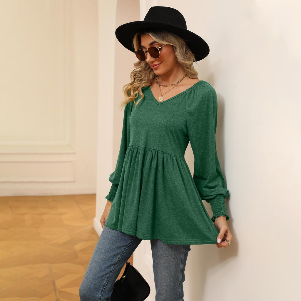 Women's Clothing Spring Autumn Tops V-neck T-shirt for Women Bubble Long Sleeve Elastic Waist Top
