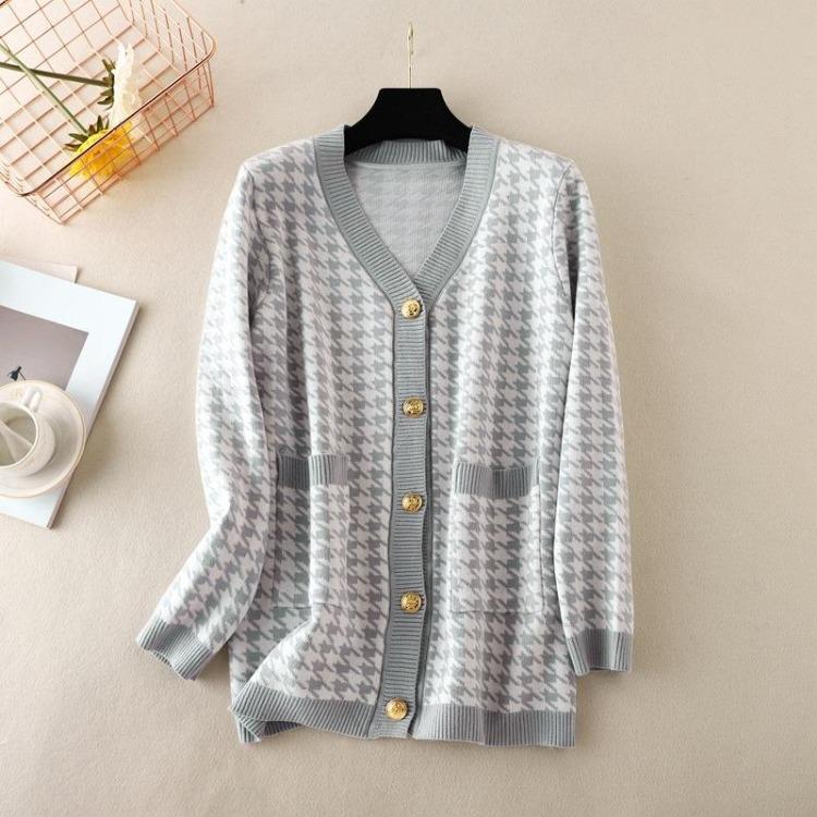 Black Gray Pink Women Knitted Cardigan Casual Comfortable Houndstooth V Neck Single Breasted Full Sleeve Top One Size