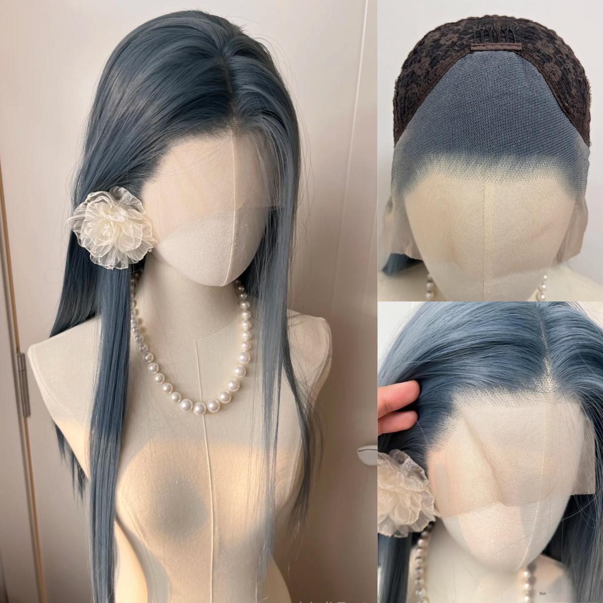 

Ashy Blue Wig 13*4 Lace Front Wig for Women Long Straight Hair High Quality Heat Resistant Synthetic Wigs for Cosplay Peruca (Blue,26inches&1pc)