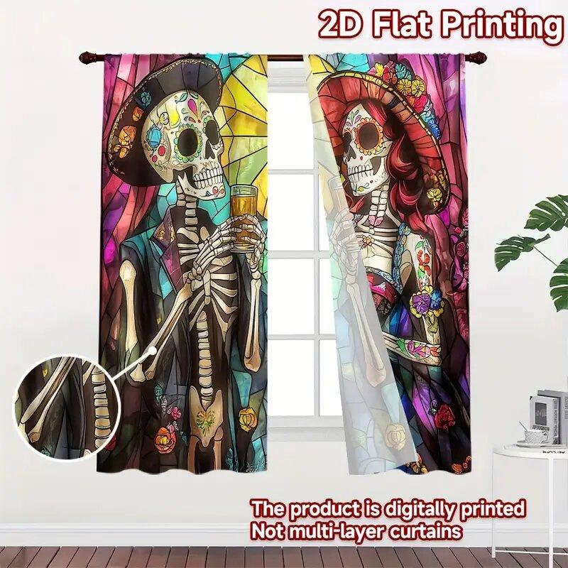 Halloween Colored Glass Curtains Skull Heart Pattern Prints Window Decorations Home Room Made Of Polyester