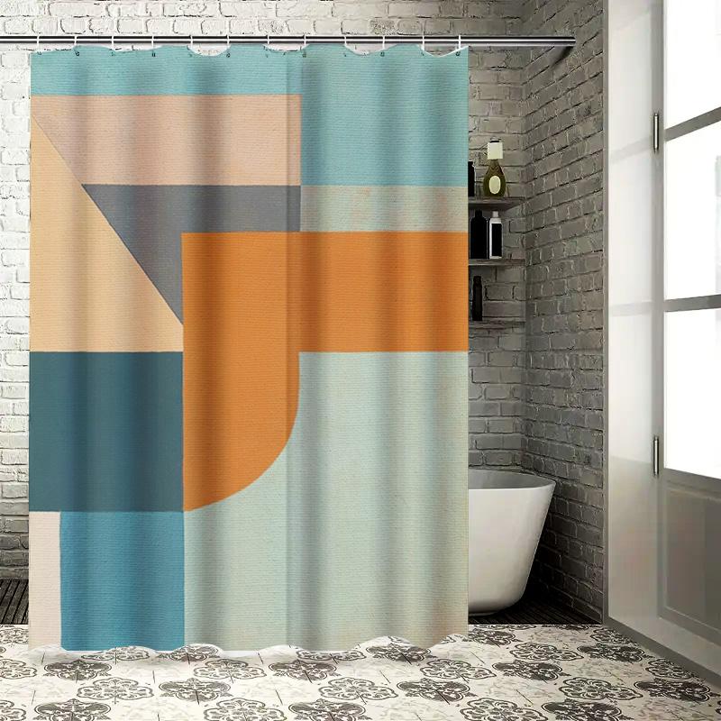 

Modern Geometric Print Shower Curtain For Bathroom Decor Orange Blue Beige Design Waterproof Bath Rug Liner 90x180cm
