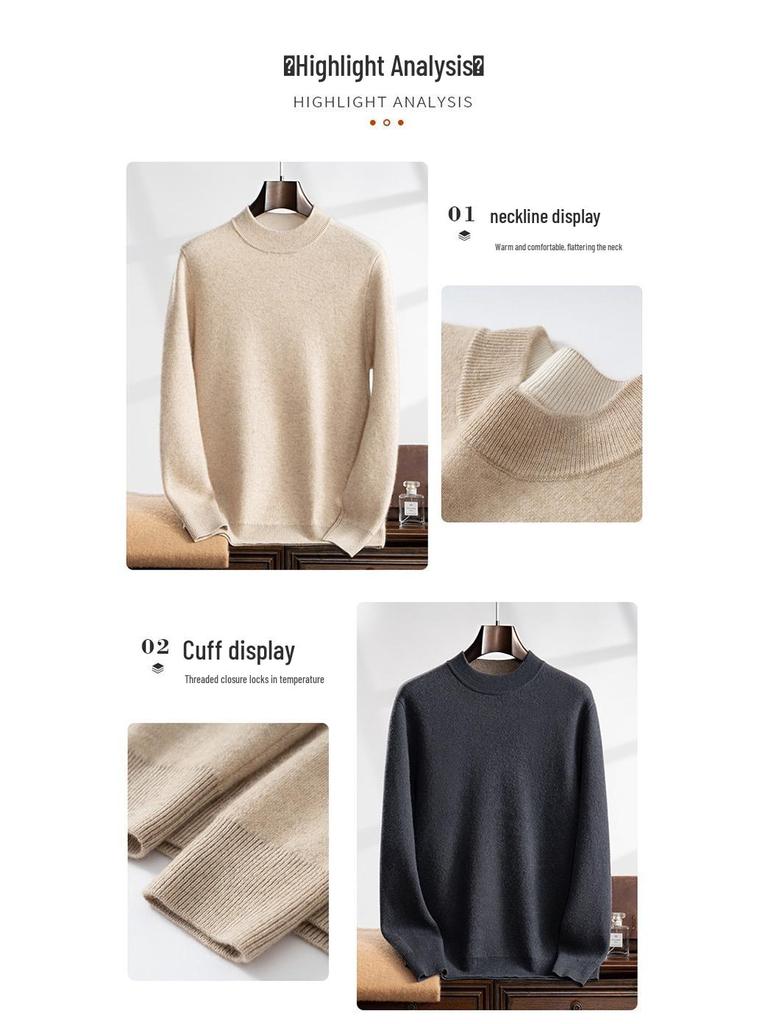 Men's Autumn/Winter Thickened Cashmere Knit Half-High Neck Sweater - Business Casual, Loose Fit, Plus Size