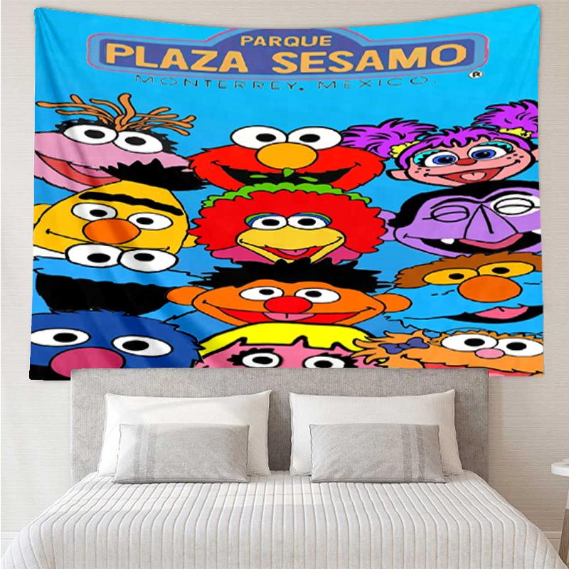 Sesame Street Print Tapestry, Backdrop, Easy Setup, Ideal for Bedroom, Office & Living Room, with Aesthetic Wall Hanging Decor.