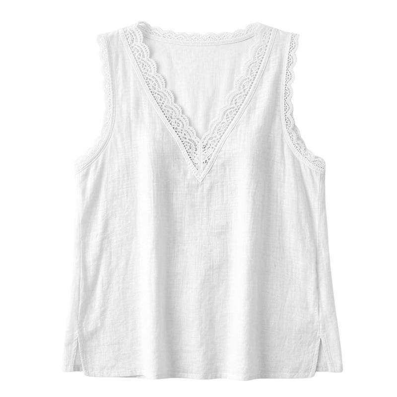 Womens Casual Summer Sleeveless V Neck Lace Trim Shirt