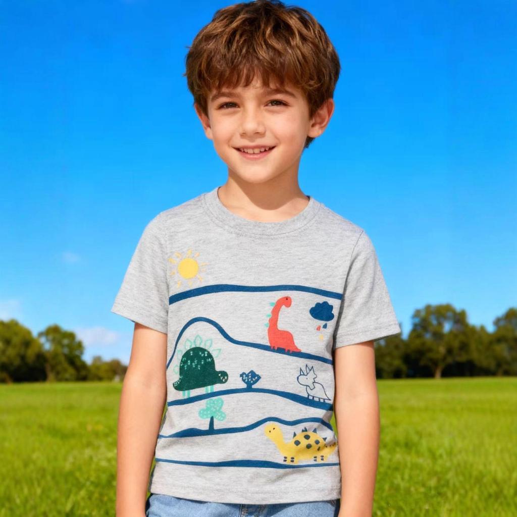 Dinosaur Pattern Boys' Summer T-shirt: Short Sleeve, Round Neck for Small and Medium Kids