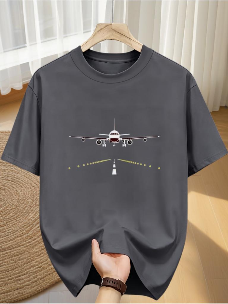 Airplane Runway Airliner Print Short Sleeve Shirt, Aviation Enthusiast Fun Casual T-Shirt, Easy Niche Print Summer Duty Outing All-Match Top