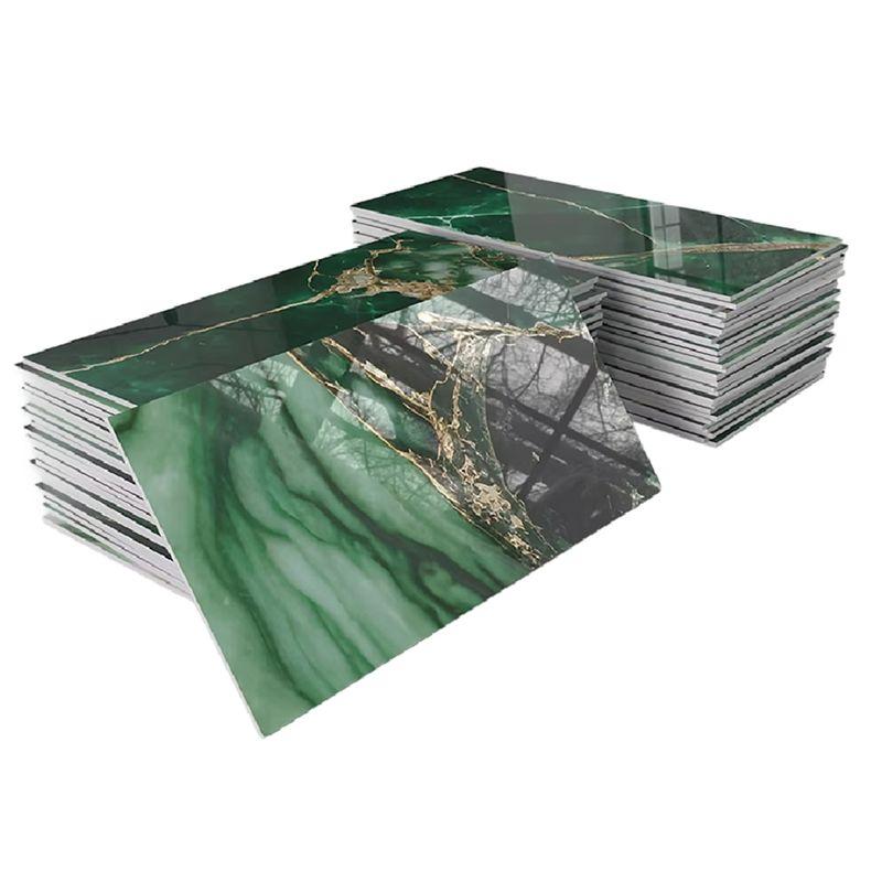 

A60zsubway Tile Sticker 32Pcs Golden Veined Emerald Marble, 4In X 8In Thick PET Glossy Peel-And-Stick Backsplash Wall Tilesmay
