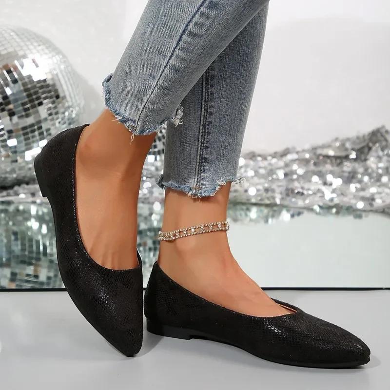2024 Dámské boty Mělké dámské baleríny Horký výprodej Plus size Jednobarevné ležérní ploché boty Sexy špičatá špička Plochá nízká pata