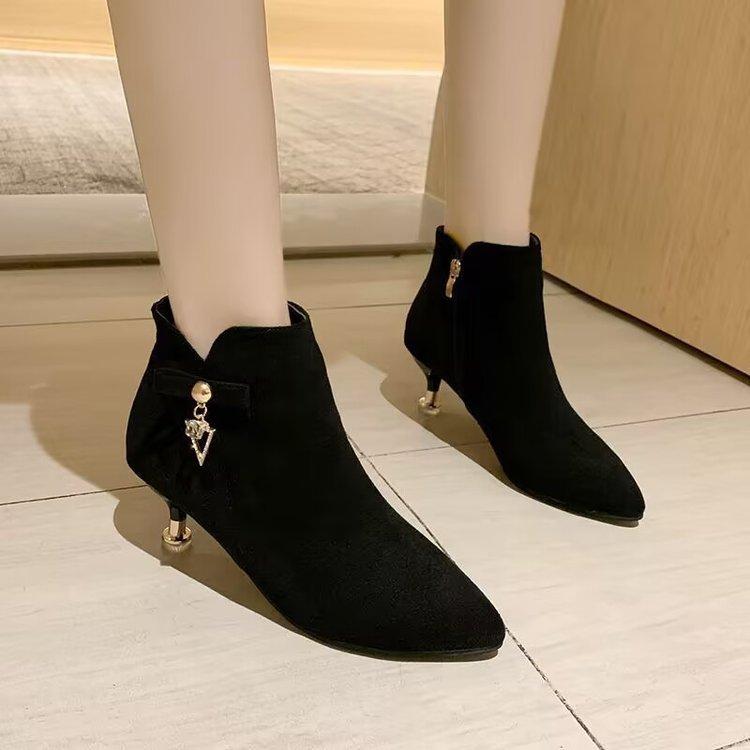 New High Heels, Short Boots, Fleece Cotton Boots, Women's Shoes, Pointed and Thin-heeled Boots