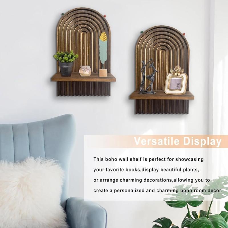 Pack Of 2 Wood Wall Shelves Rainbow Bookshelf for Living Room and Bedroom Decoration Easy Install Plant Storage Rack