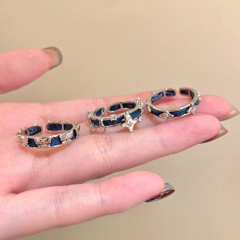 Dark Blue Denim Fabric Zircon Star Opening Rings for Women Girls Fashion Popular Metal Butterfly Rings Party Jewelry Accessories