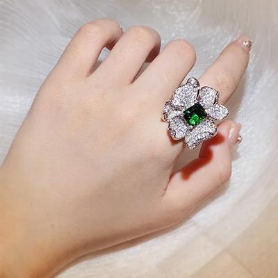 Irregular Big Flowers Sterling Silver Emerald Zircon Adjustable Ring for Women Charm Wedding Party Gift