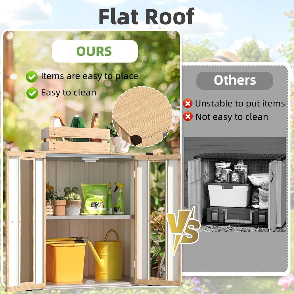 YODOLLA Outdoor Metal Vertical Storage Cabinet, Waterproof Small Tool Cupboard for Backyard Garden - Wooden