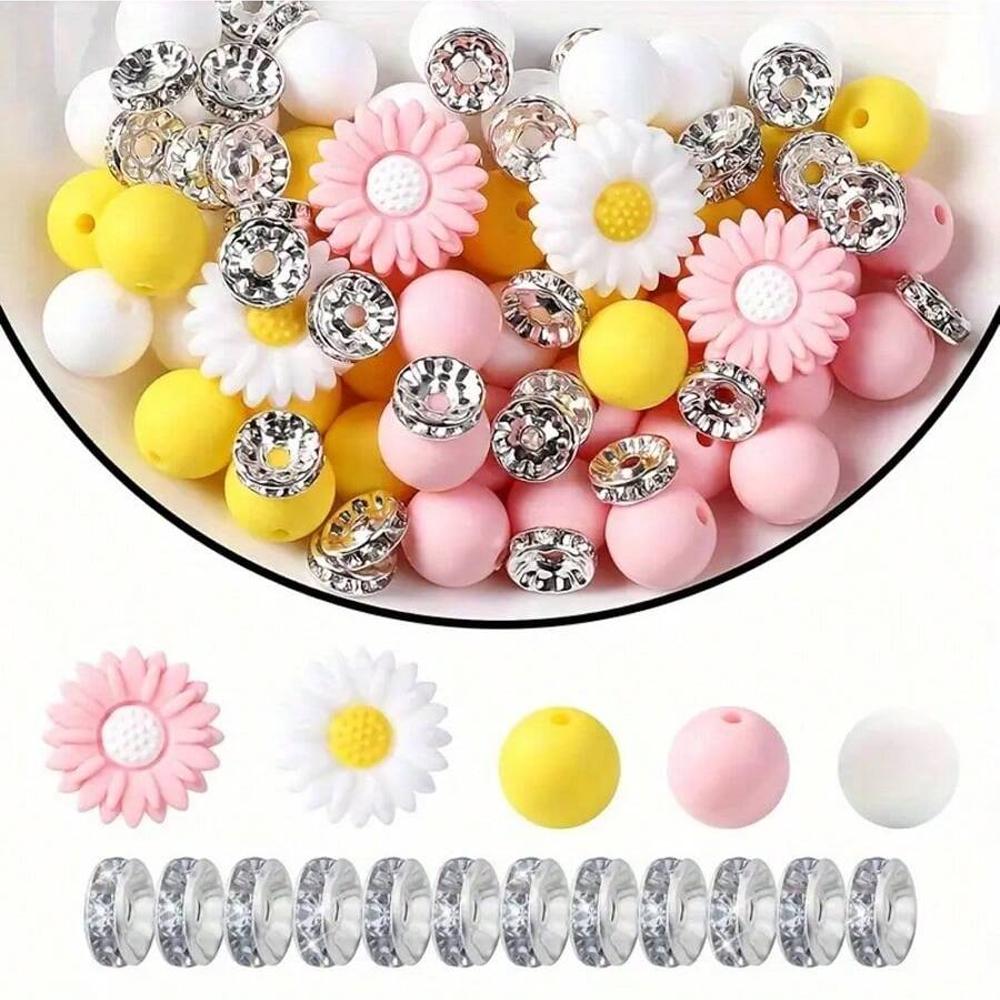 73/79PCS daisy silicone beads, 12/14/15mm round printed silicone beads in bulk, DIY keychain bracelet jewelry making