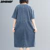 DIMANAF Frauen 2023 Neue Sommer Kleid Denim Kurzarm Kleid V-ausschnitt Elegante Lange Kleid Lose Kleid Blau Grundlegende Kleider