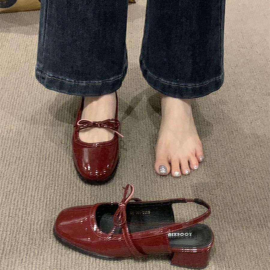 Temperament Bag Head Sandals Women's Shoes Spring and Summer 2025 New Thick Heel Patent Leather Red Bow Light Mouth Cool Single Shoes
