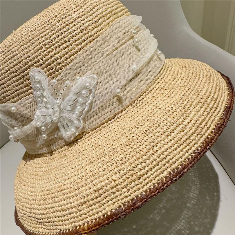 Ins Chic Summer Colored Square Stitching Decoration Hand Raffia Grass Sunshade Lady Bucket Cap Women Leisure Hat