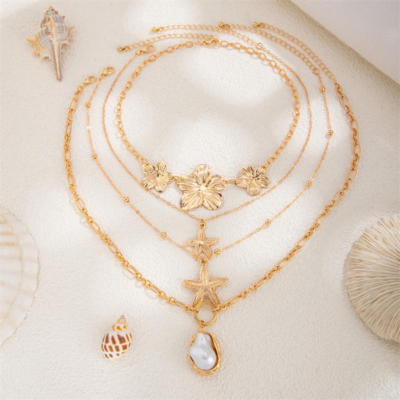 Bohemian Multilayer Flower Starfish Necklace for Women Baroque Imitation Pearl Pendant Choker Summer Beach Vacation Jewelry Gift