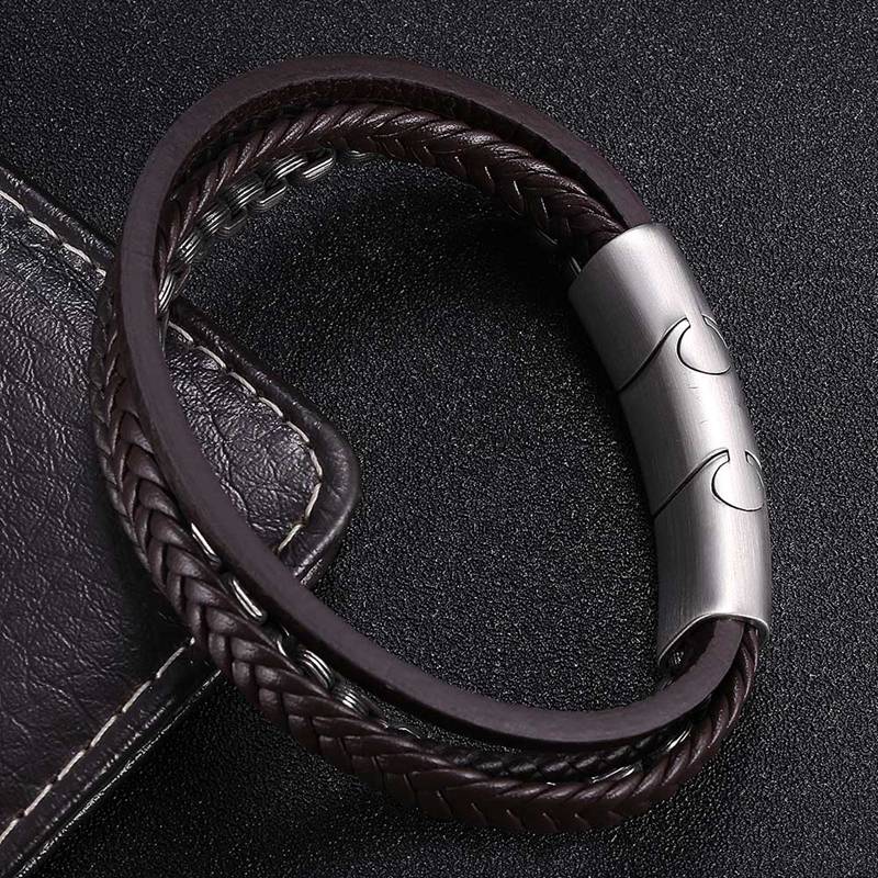 Lucky Vintage Men's Leather Bracelet Black Brown Charm Multilayer Braided Women Pulseira Masculina